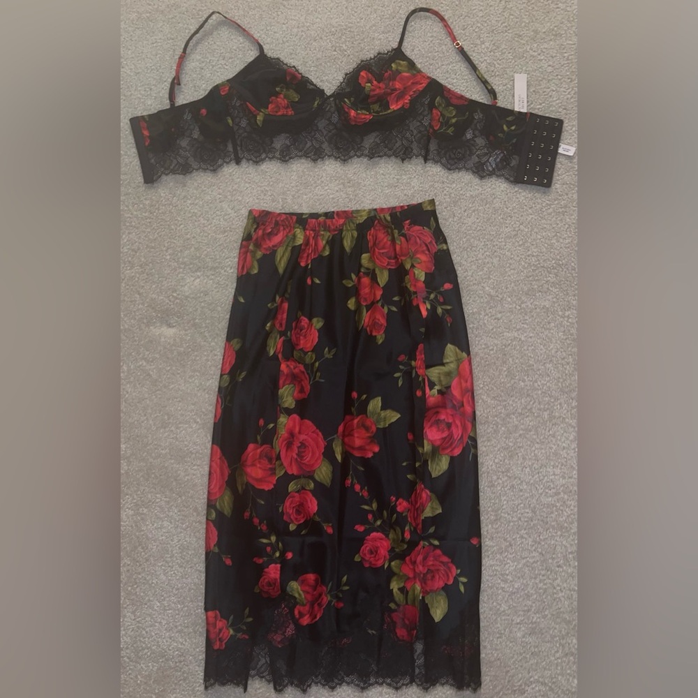 Satin Rose Lace-Trim Bralette & Midi Skirt Set,color Glamorous Rose extra small